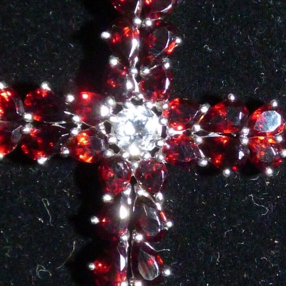 7.49CTS GARNET & WHITE TOPAZ SS CROSS PENDANT GOTH VICTORIAN LE 40 - Picture 2 of 9